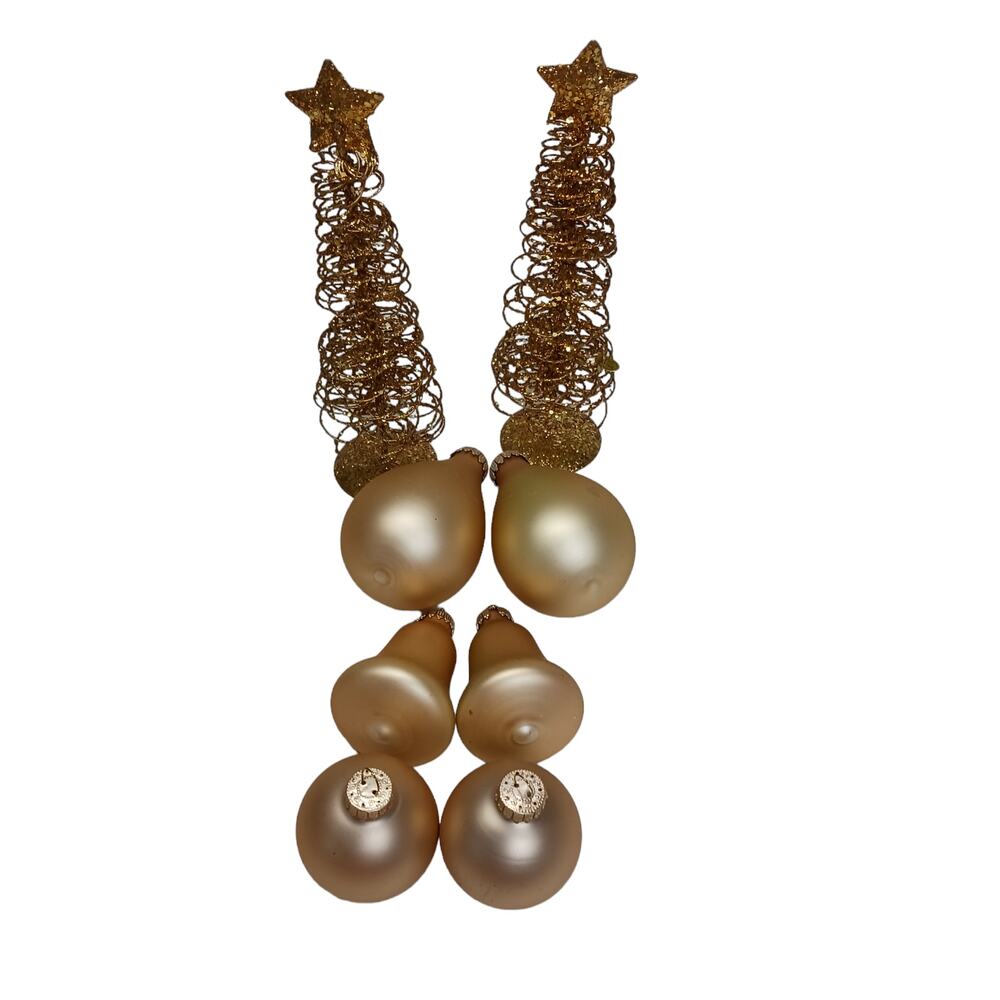 ✨ Vintage Gold Christmas Ornaments Bells Trees Pears Matte & Glitter 8 Pc 🎄
